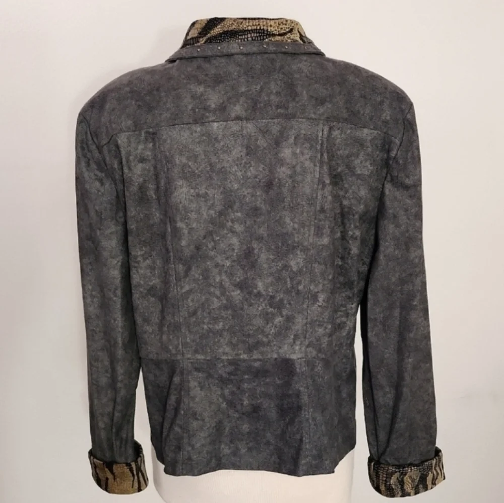 Nancy Bolen Jacket Faux Suede with Animal Print Accents Green Plus Size 14